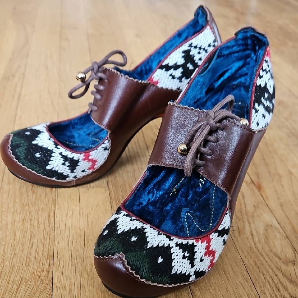 Irregular Choice Leather Knit Lace-Up Block Heels 10